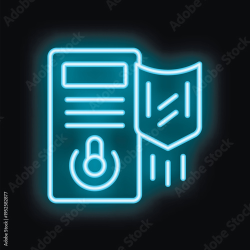 Neon blue icon of a server being protected by a firewall on a black background