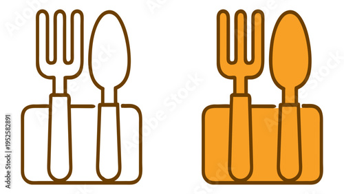 Cutlery Set Illustration: A minimalist illustration of a cutlery set comprising a fork and a spoon, perfectly placed on a rectangular base, suggesting a dining or mealtime setting.