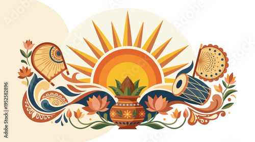 Traditional Bengali festival illustration with sun, kalash, dhol drum, and kula fan ornaments.