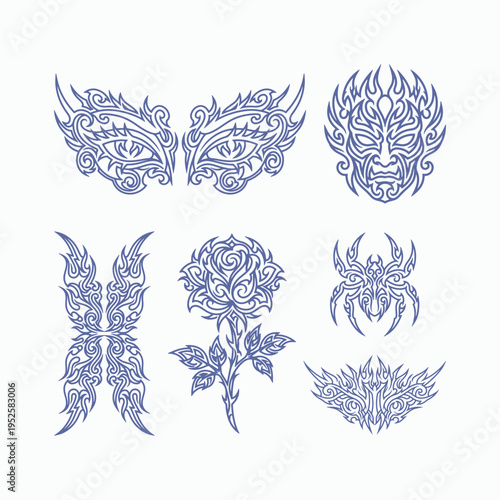 Tribal Tattoo Vector Set with Rose, Spider, and Mask Ornaments