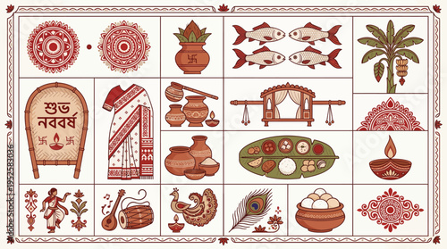 Mega collection of Bengali New Year elements with saree, kalash, fish, and traditional food icons.