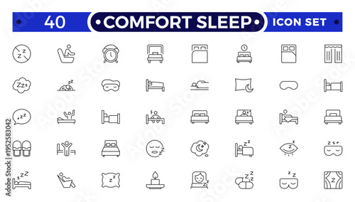Comfort sleep outline icon set. Sleep and Bedding Comfort Line Icons – Pillow Positions, Sleeping Person, Relaxation, Bedtime and Wellness Vector Set.