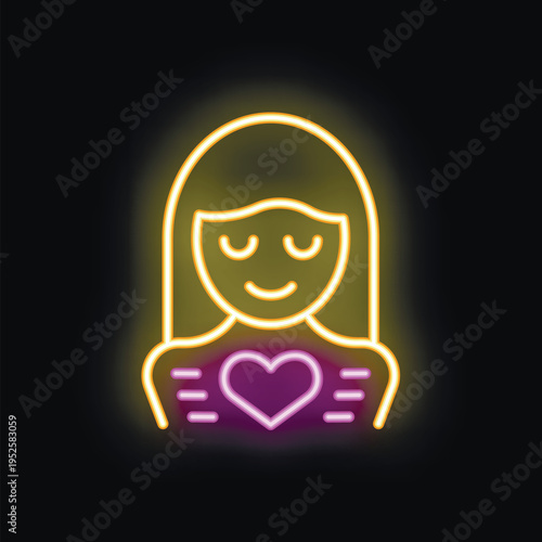 Neon sign of a woman holding a heart symbol close to her chest, representing self love, self care and body positivity