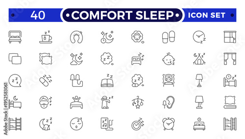 Comfort sleep outline icon set. Sleep and Bedding Comfort Line Icons – Pillow Positions, Sleeping Person, Relaxation, Bedtime and Wellness Vector Set.