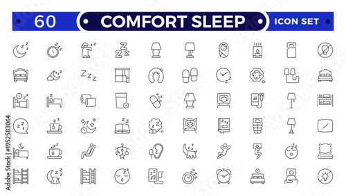 Comfort sleep outline icon set. Sleep and Bedding Comfort Line Icons – Pillow Positions, Sleeping Person, Relaxation, Bedtime and Wellness Vector Set.