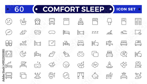 Comfort sleep outline icon set. Sleep and Bedding Comfort Line Icons – Pillow Positions, Sleeping Person, Relaxation, Bedtime and Wellness Vector Set.