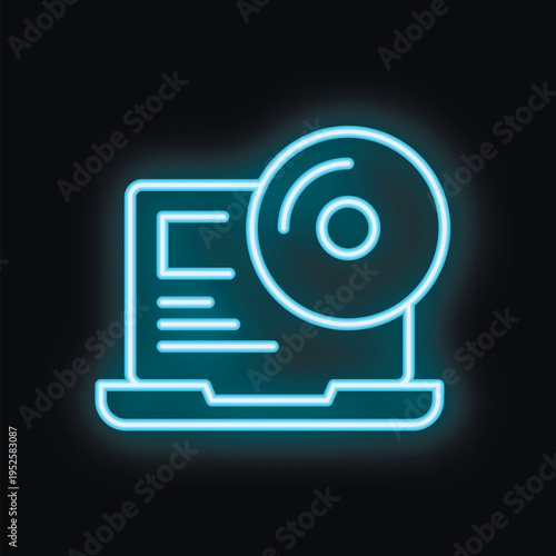 Blue neon icon representing a laptop with a cd superposed, symbolizing software installation