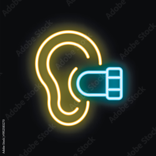 Neon icon of an ear with a hearing aid, representing assistance with hearing loss