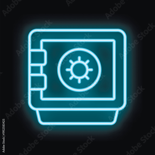 Blue neon safe deposit box glowing in the dark, representing security and finance