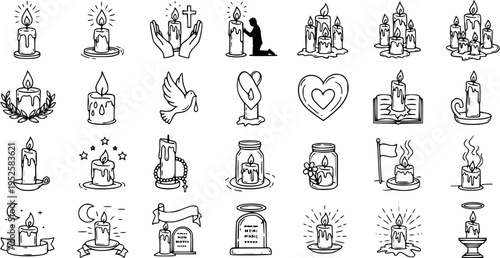 Hand-drawn Line Art Spirituality and Memorial Candle Icons Set. Black and White Outline Symbols for Remembrance, Religion, Hope, and Condolence Themes.