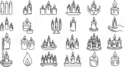 Black and White Line Art Candle Icons Set. Outline Doodle Collection of Burning Candles, Candelabras, and Flames for Spirituality, Decoration, Celebration.