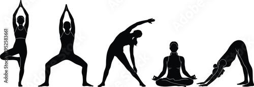Women yoga silhouette set with meditation and stretching poses, fitness exercise vector collection isolated on white background design