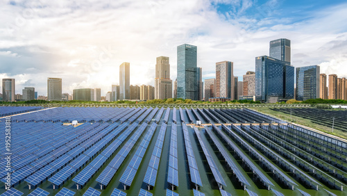 Foto Urban Solar Power Station with Skyscrapers in Background