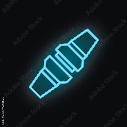 Blue neon icon of a car muffler exhaust pipe glowing on dark background