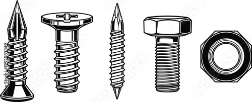 Industrial hardware set, screws, bolts, nuts, threaded fasteners, metal construction equipment, steel screw head, hexagonal bolt, woodworking tools, iron nail, mechanical parts, vector.