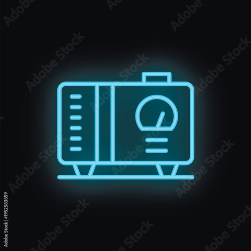 Blue neon sign depicting a generator producing electricity, on a black background