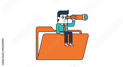 A cartoon businessman sits on a large orange file folder, peering through an orange telescope, symbolizing business foresight, research, or data exploration.