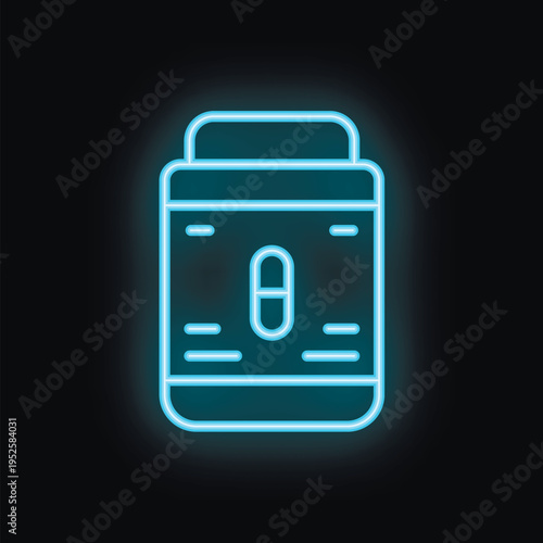Blue neon sign of a pills bottle glowing on a black background, representing the concept of medicine and healthcare