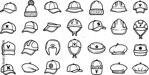 Black and White Line Art Icons of Hats and Headwear. A diverse collection featuring Fashion, Sports, and Protective Headwear, including Caps, Beanies, Berets, Helmets, and Visors.