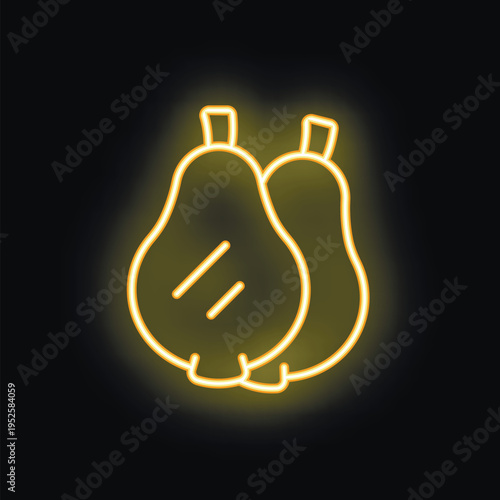 Bright neon icon of two pears glowing on a black background