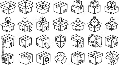 E-commerce and Logistics Shipping Boxes Line Art Icon Set. Outline Symbols for Delivery, Packaging, Storage, and Global Supply Chain Business.