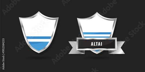 Glossy silver shield and ribbon badges featuring the flag of the Altai Republic. High-quality metallic vector illustration for Altaian regional identity and Russian territory branding.