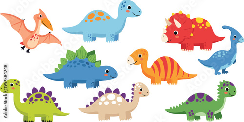 Set of cute cartoon dinosaur characters including triceratops stegosaurus pterodactyl and various 