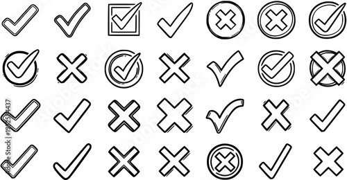 General Concepts Black and White Line Art Hand-Drawn Checkmark and Cross Icons Set for Business and UIUX Decisions