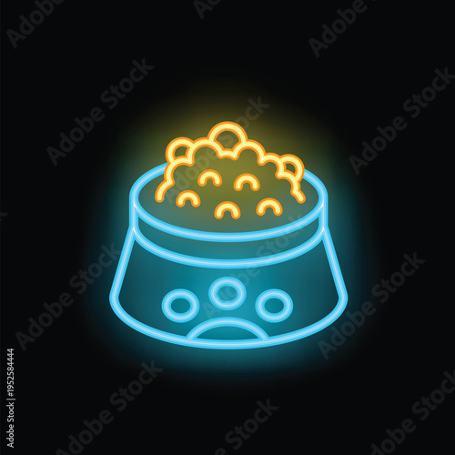 Neon icon of a pet's food bowl overflowing with kibble, perfect for pet stores and animal lovers