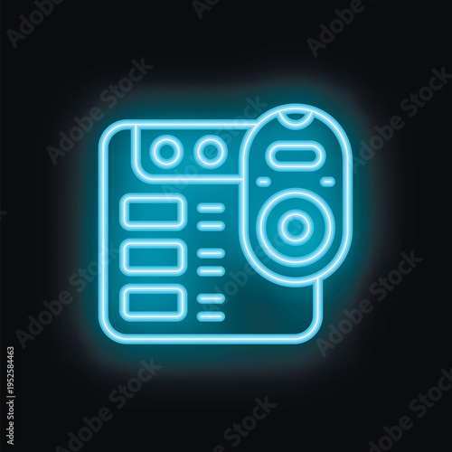 Blue neon icon of a digital audio workstation and a midi keyboard representing music production, electronic music, audio recording, and sound engineering