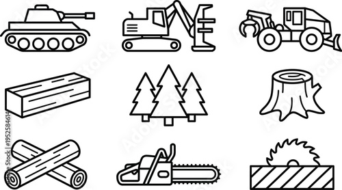 Set of logging and forestry industry line icons