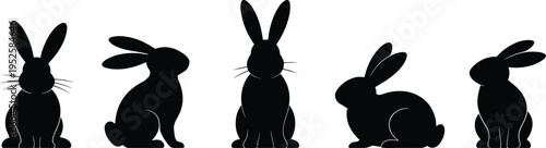 Rabbit silhouettes in various poses, animal vector art, wildlife illustration, bunny profile design, nature symbol, pet outline, graphic element