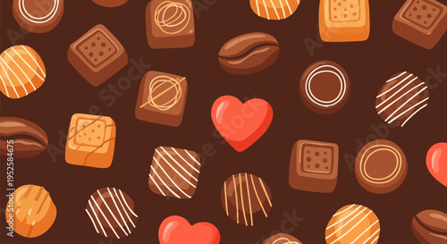 Delicious Assorted Chocolate Candies and Coffee Beans Vector Background with Red Hearts for Valentine's Day, Sweet Treats, and Dessert Promotions