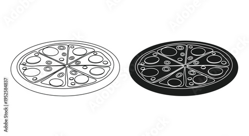 A simple illustration depicts two pizzas one with a light outline and another darkly shaded both sliced into eight pieces