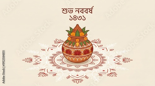 Bengali New Year greeting card with traditional Kalash on Alpona floor art background.