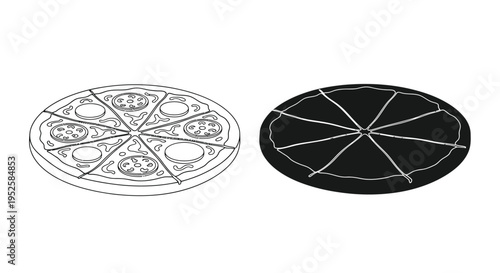 A minimalist illustration displays two pizzas one with toppings and another as a solid dark silhouette high quality professional