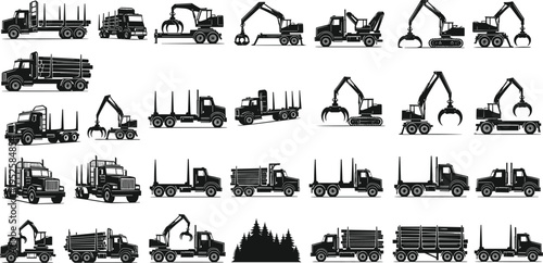Logging trucks and forestry machinery silhouette vector illustration set timber transport vehicles and forest equipment collection isolated industrial icons