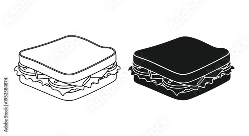 A simple black and white illustration depicts two square sandwiches with visible layers of filling presented side by side high quality
