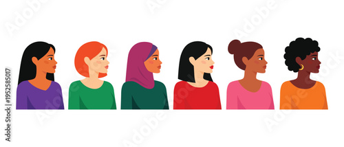 Flat vector illustration showing different diverse women profiles standing together representing multicultural community equality solidarity and diversity concept