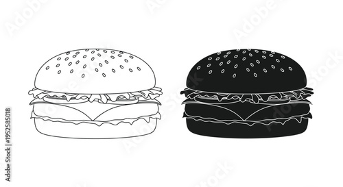 A simple black and white illustration depicts two identical hamburgers one light and one dark side by side high quality professional