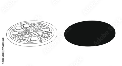 A minimalist black and white illustration depicts a sliced pizza alongside a solid black oval shape high quality professional