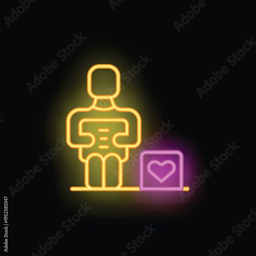 Neon sign of a volunteer holding a donation box with a heart symbol, representing charity and support