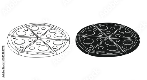 A simple black and white line drawing depicts two circular pizzas each divided into eight equal slices high quality