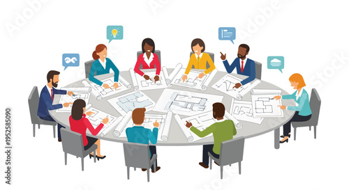 A diverse team of architects or business professionals collaboratively discusses blueprints and ideas around a large conference table.