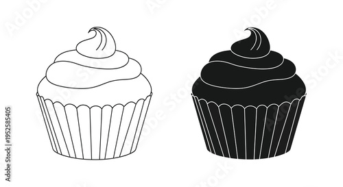 Two monochromatic cupcake illustrations are presented side by side one white and one black showcasing detailed frosting high quality professional modern