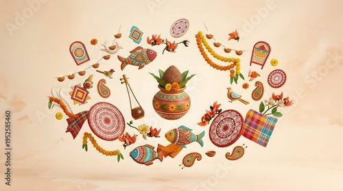 Traditional Bengali celebration panels with palanquin, dhol drum, fish, and kalash ornaments.