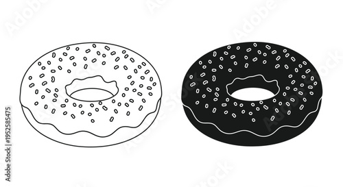 A black and white illustration depicts two donuts one light and one dark both covered in sprinkles high quality professional detailed