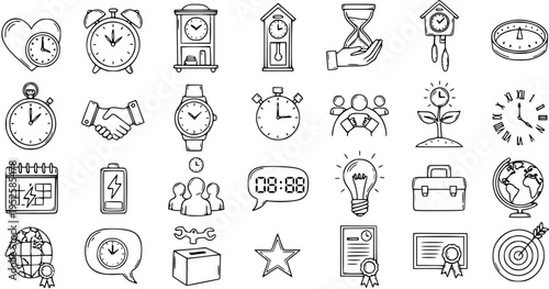 Black and White Line Art Icons of Time Management and Productivity Concepts