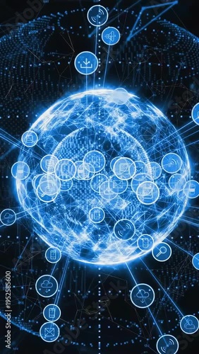 Globe lighting up, spawning email cloud icons, pulsing radial lines in dotted grid, showing network