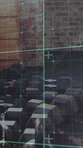 Vertical video: AR crosshair starting camera panning over weight rack and plates, centering barbell